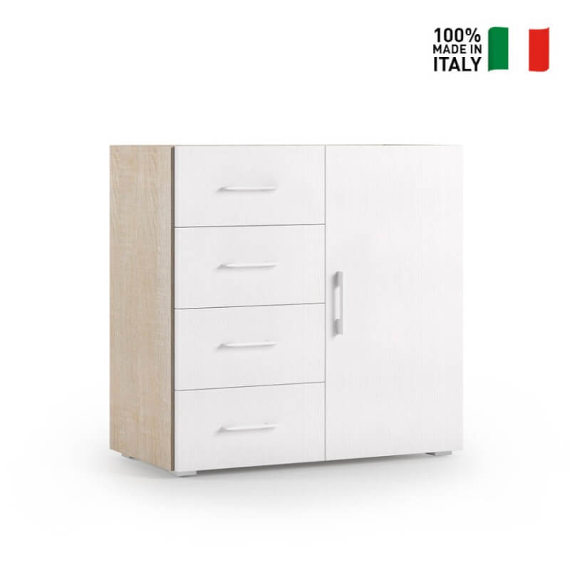 Cassettiera in legno Luna bianca e rovere 4 cassetti con guide metal