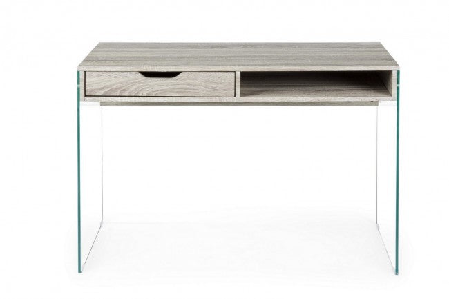 Scrivania di design in legno naturale Armos 1 cassetto e gambe in vetro 110x55x 76h  cm