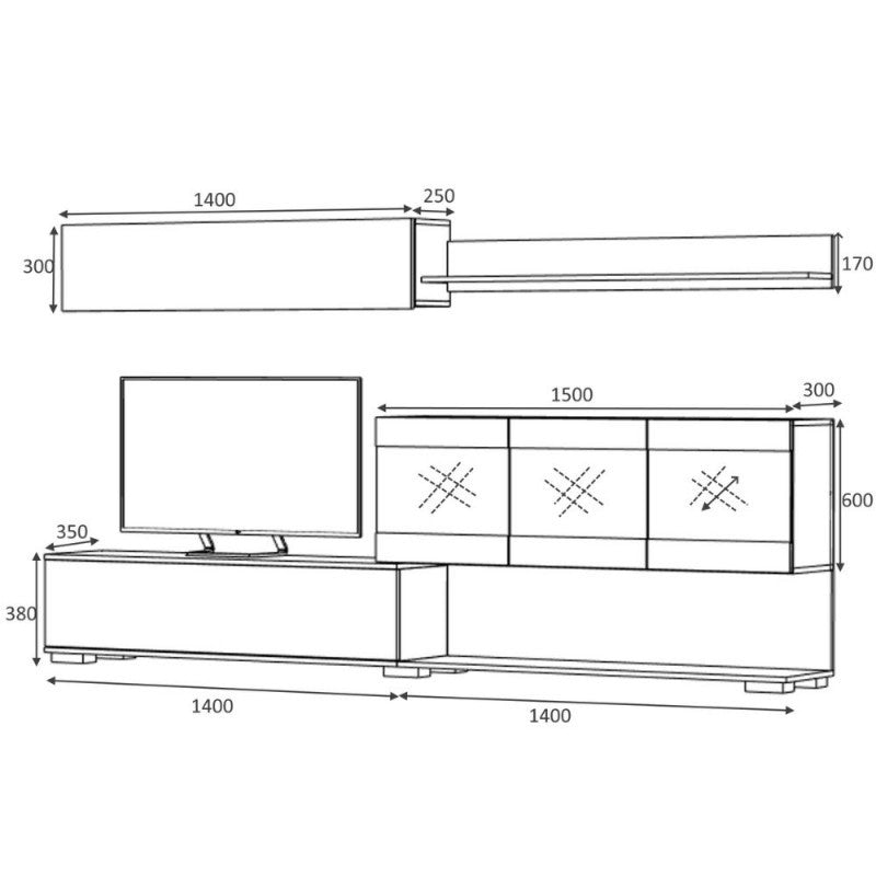 Parete attrezzata Cemento AKTIF 280x35x h180 cm